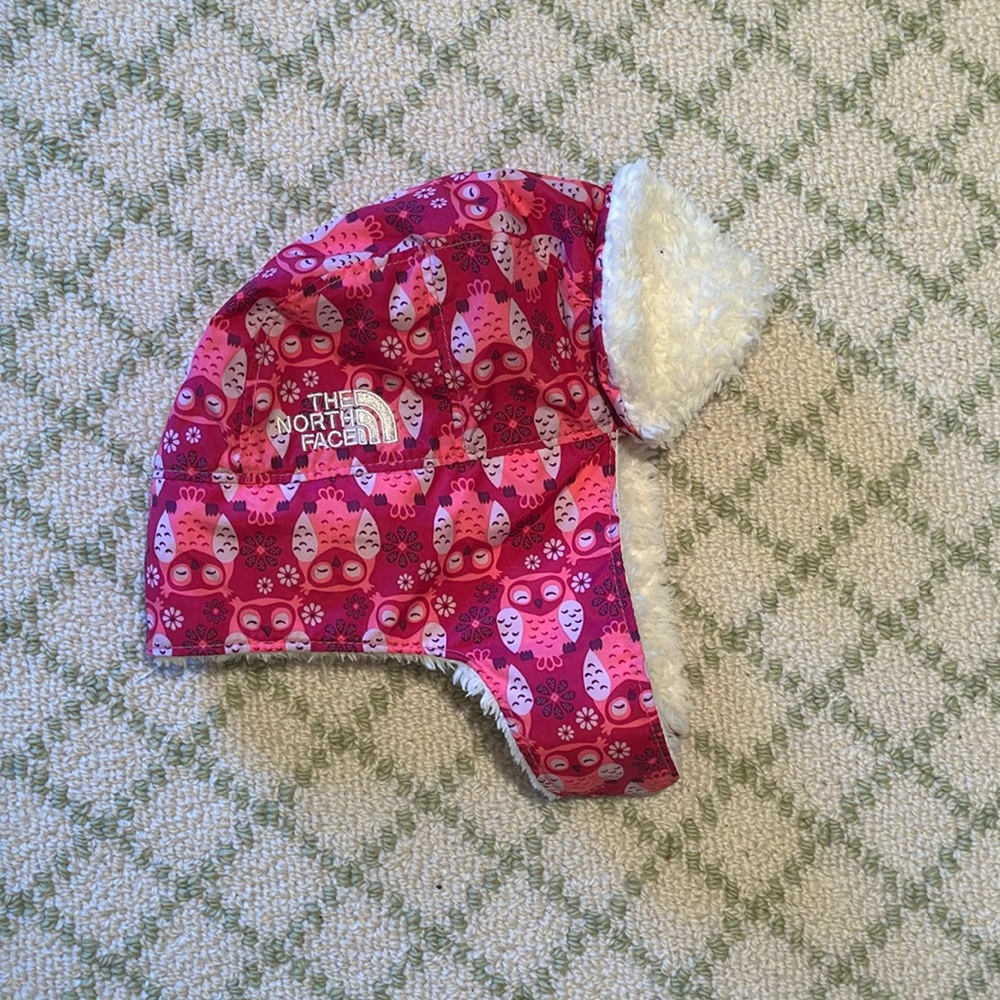 The North Face Baby Beanie, pink/owl print, fleece lined, Infant-One Size